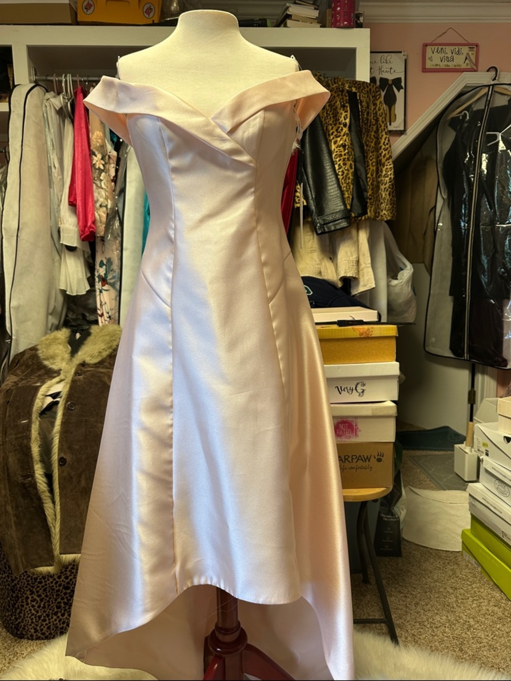 Calvin Klein Soft Blush Off-Shoulder High-Low Satin Dress